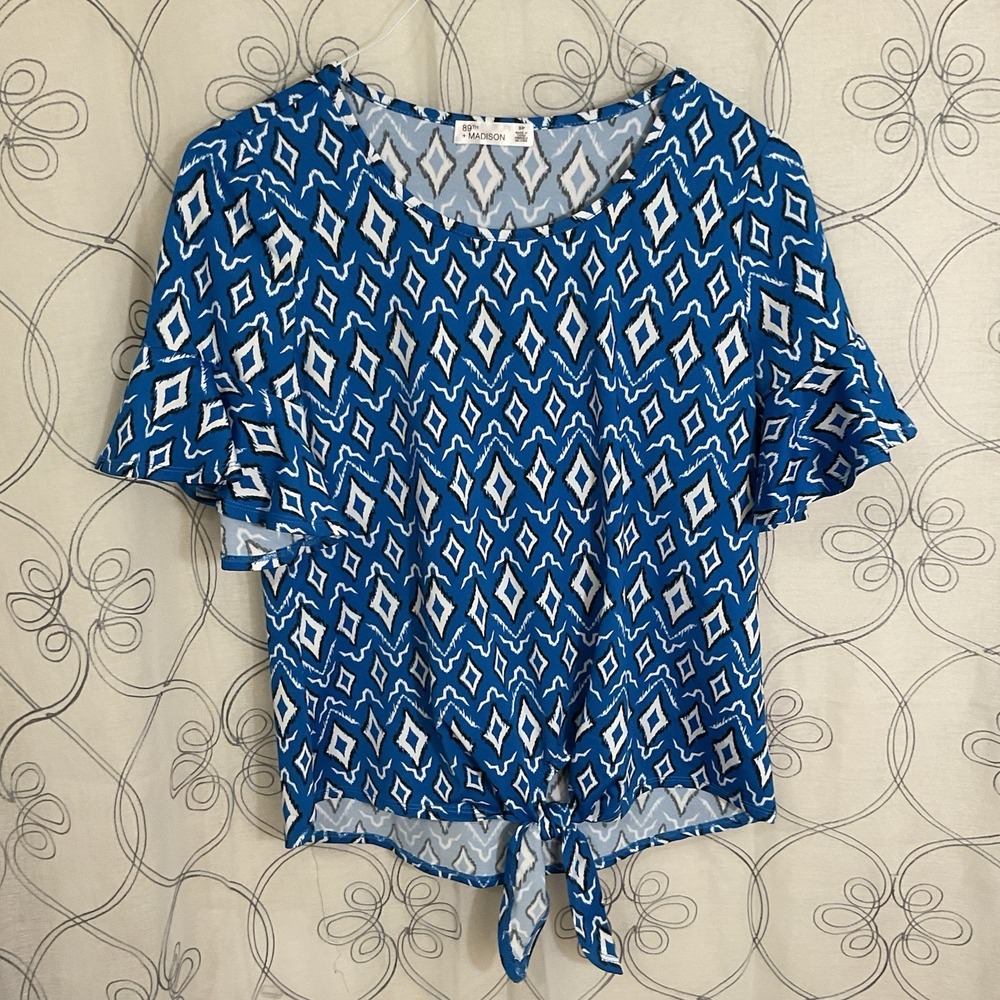 Women's 89th + Madison Blue White Top Short Sleeve Size Small